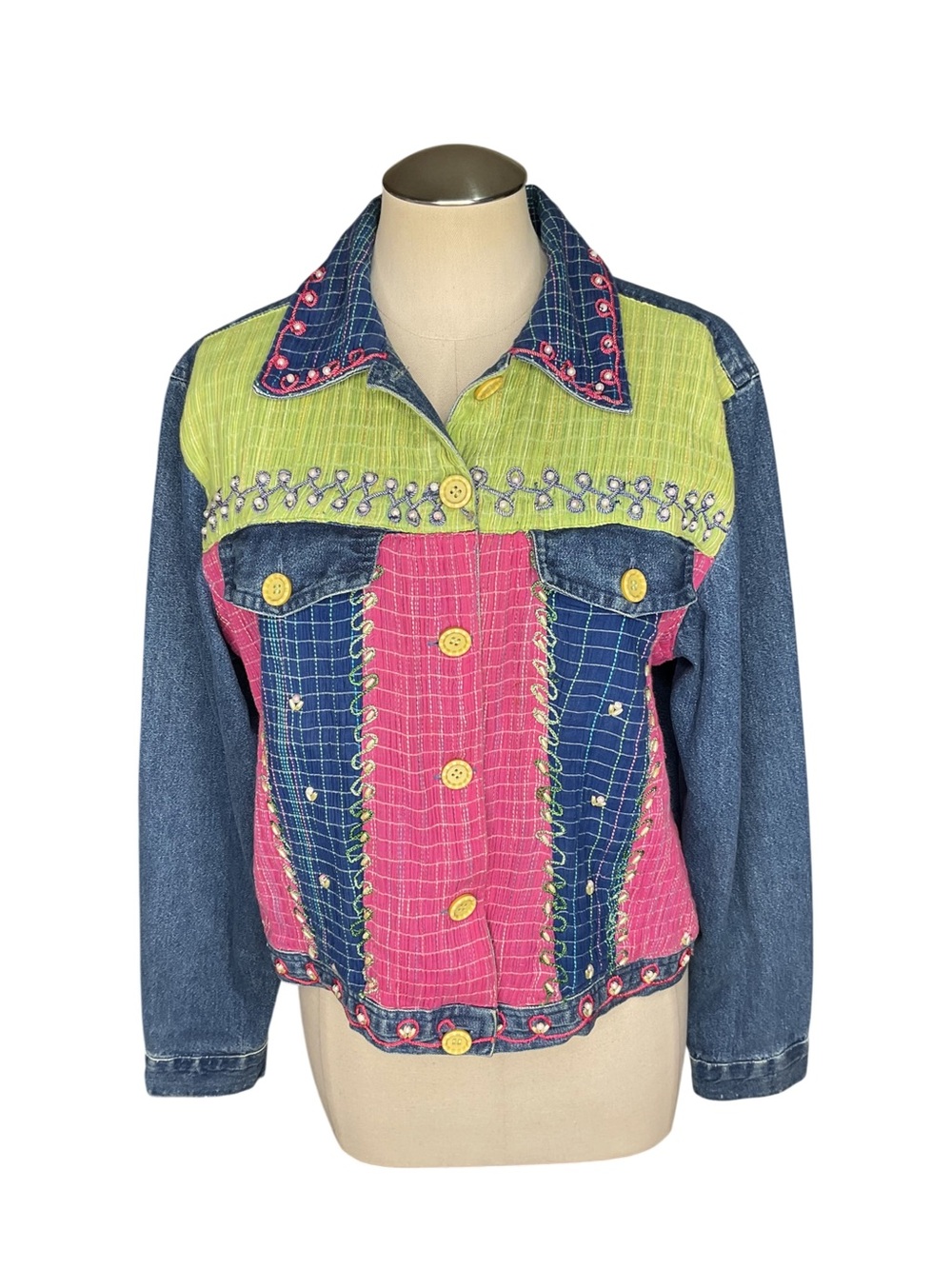 Vintage Patchwork Denim Jacket Women’s M/L Beaded Embroidered Art to Wear Y2K